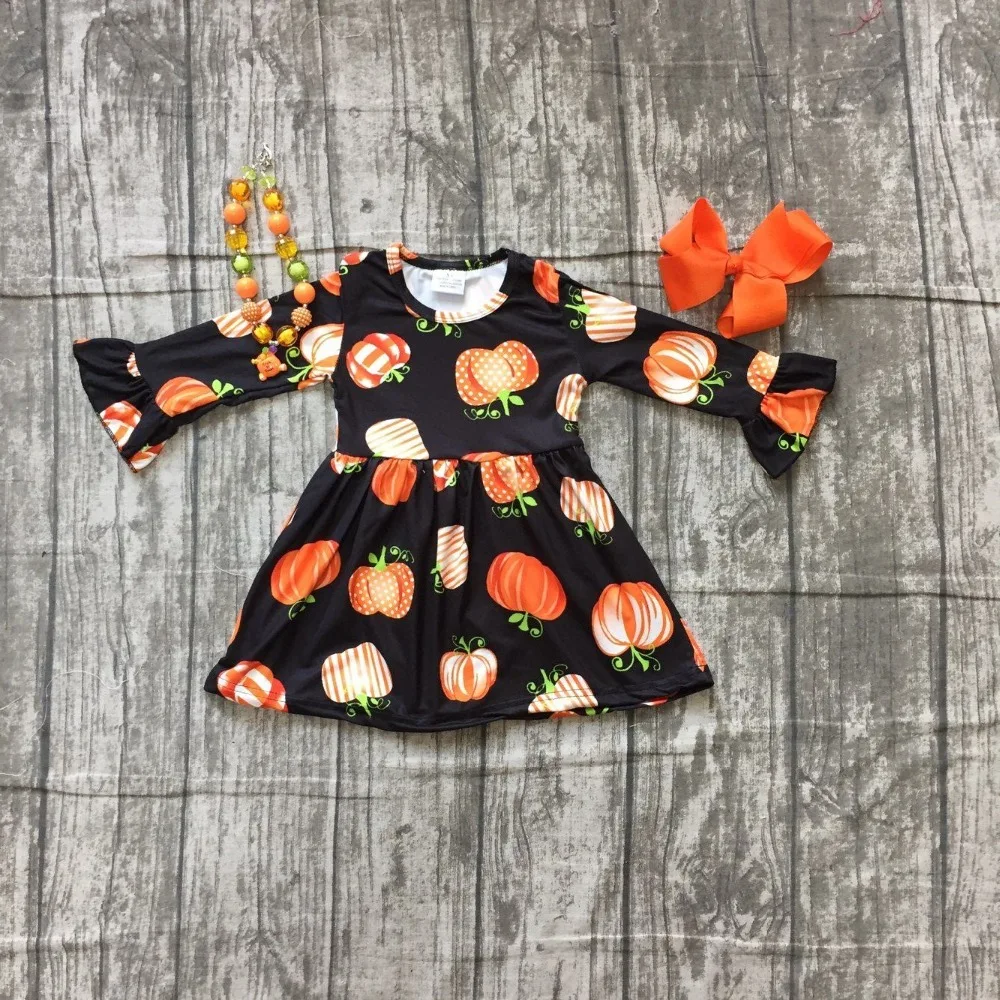 

Fall/winter Halloween dress baby girls long sleeves black pumpkin print milk silk clothing boutique kids wear match accessories