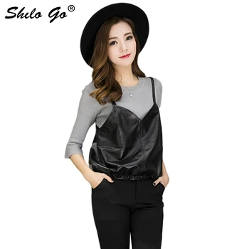 

Leather Blouse Fashion Women Low-cut Black Sexy shoulder strap Sheepskin Genuine Leather short Camis Ladies Concise Camis 3XL