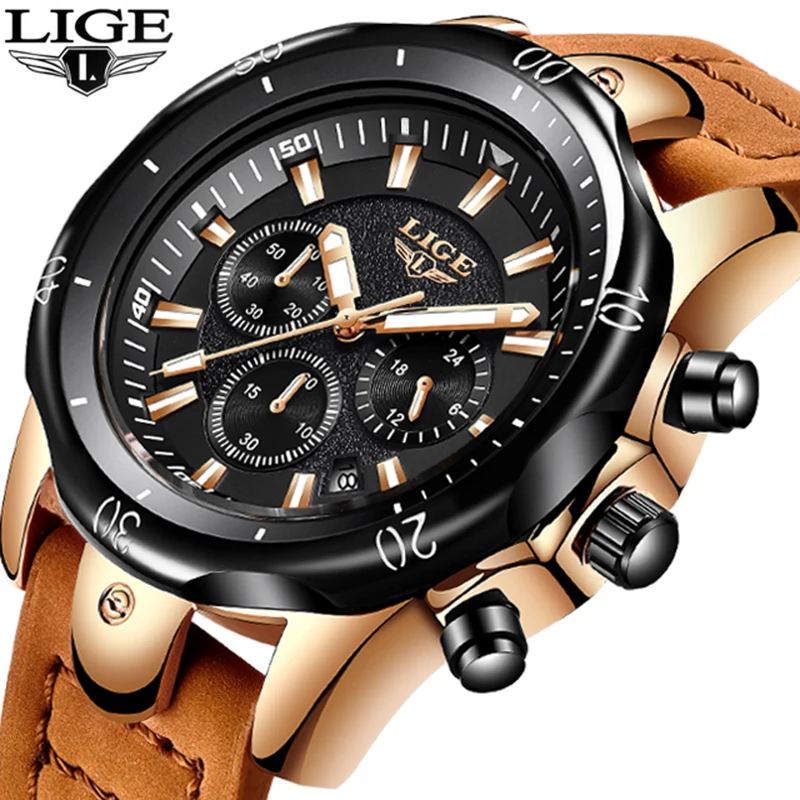 

LIGE New Mens Watches Top Luxury Brand Military Sport Waterproof Quartz Watch Men Fashion dress Leather clock Relogio Masculino