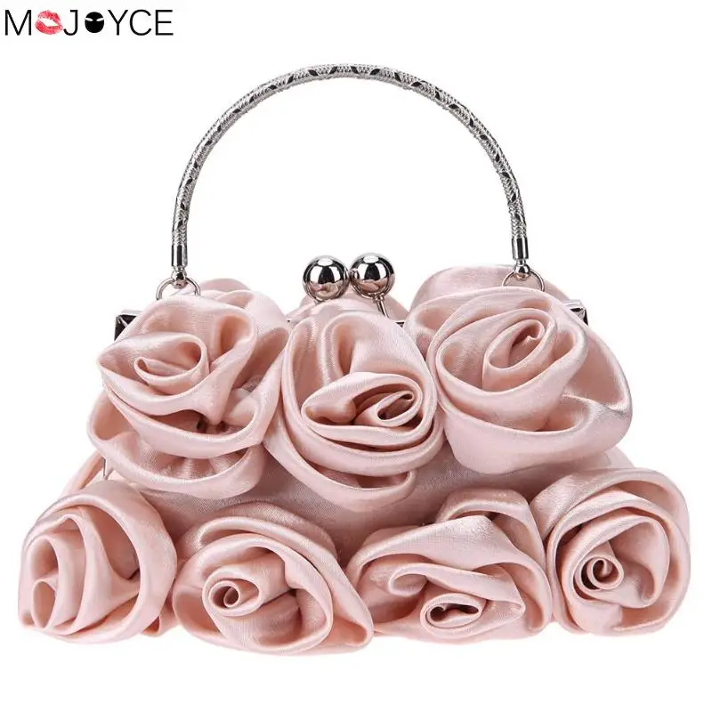 Elegant Women Satin Wristlets Fashion Handbags Clip Rose Flower Small