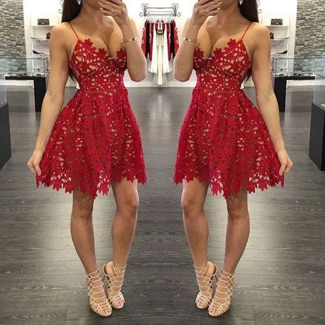 

Homecoming Dresses A-line Spaghetti Strapls Short Mini Lace Backless Elegant Cocktail Dresses