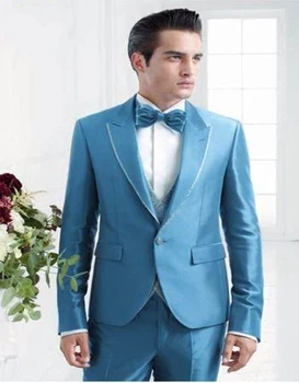 

Slim Fit Groom Tuxedo Shiny Blue Groomsmen Peak Lapel Wedding/dinner Suits Best Man Bridegroom (jacket+pants+bow Tie+vest)