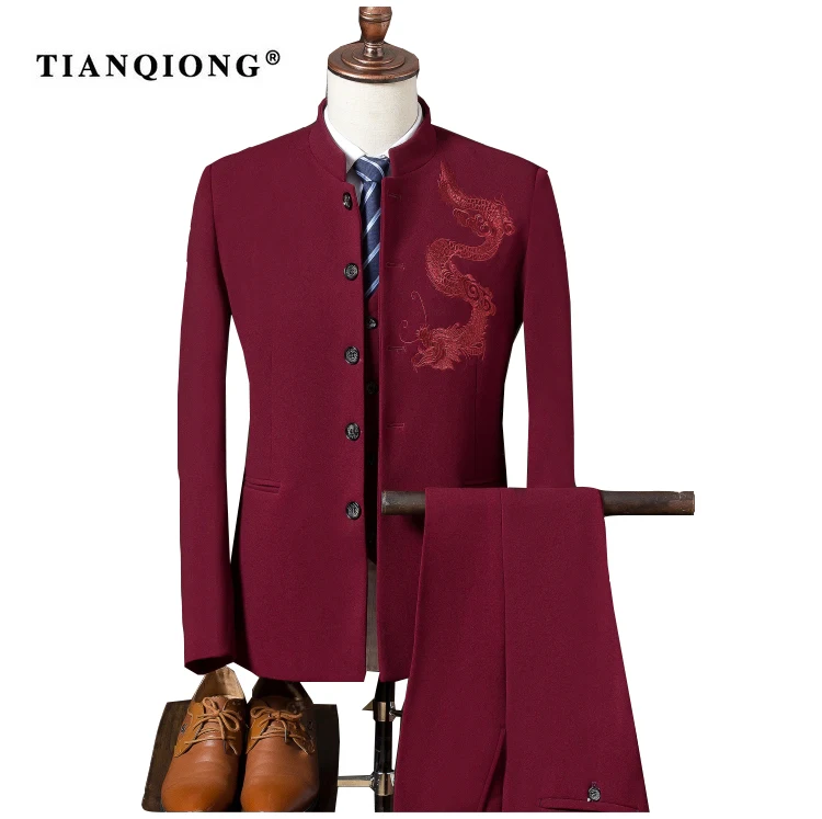 TIAN QIONG, мужские деловые костюмы, штаны, китайская туника, костюм, Новое поступление, традиционный мандарин, с принтом, 3 предмета, куртка, штаны, жилет - Цвет: Красный