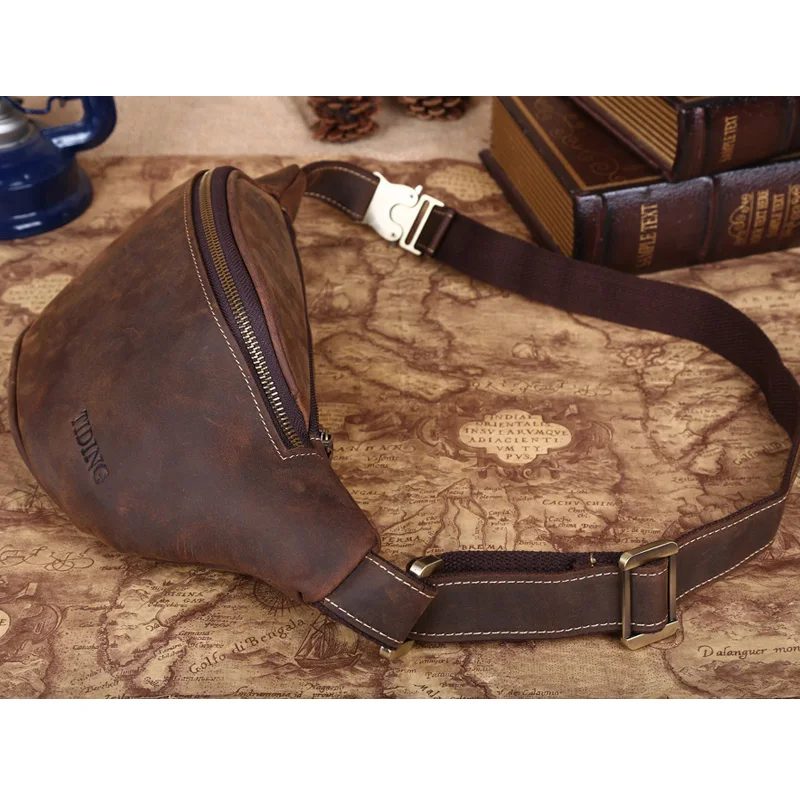 

Tiding Rugged Leather Waist Bag Military Cowhide Leather Fanny Pack Bum bag Brown 3021