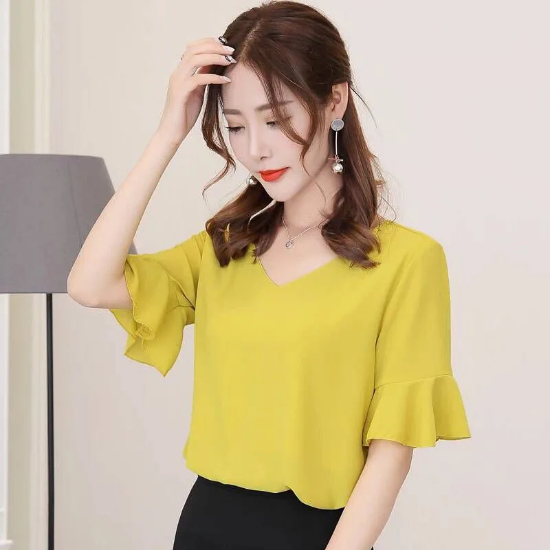 Women Spring Summer Style Chiffon Blouses Shirts Lady Brand Backless V-Neck Flare Sleeve Blousas Tops Feminina DD1625 Blouses