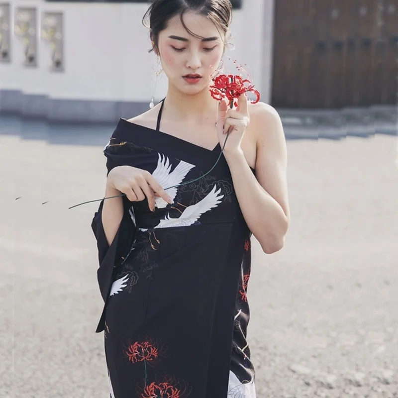 Костюм Гейши Obi Yukata женские асимметричные платья кимоно с красной короной журавль халат Винтаж Femme сексуальные японские платья TA1456