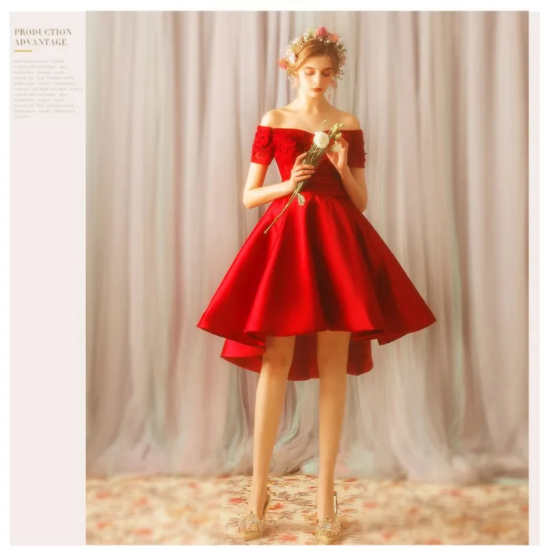 

Short Prom Dress 2019 Red Boat Neck Short Front Long Back Satin With Applique Lace Musilm Prom Hi Low Dress Bestidos Para Prom