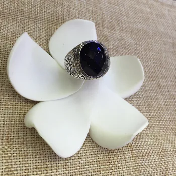 

[S925] silver blue flowers opening Thai silver inlaid stone fine hollow ring