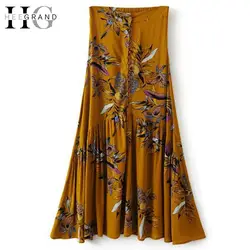 Hee Grand/2018 г. Новые Модные эластичные талии Юбки для женщин цветы Товары для птиц Печатный Империя Длинные Юбки для женщин ботильоны-Длина A-Line