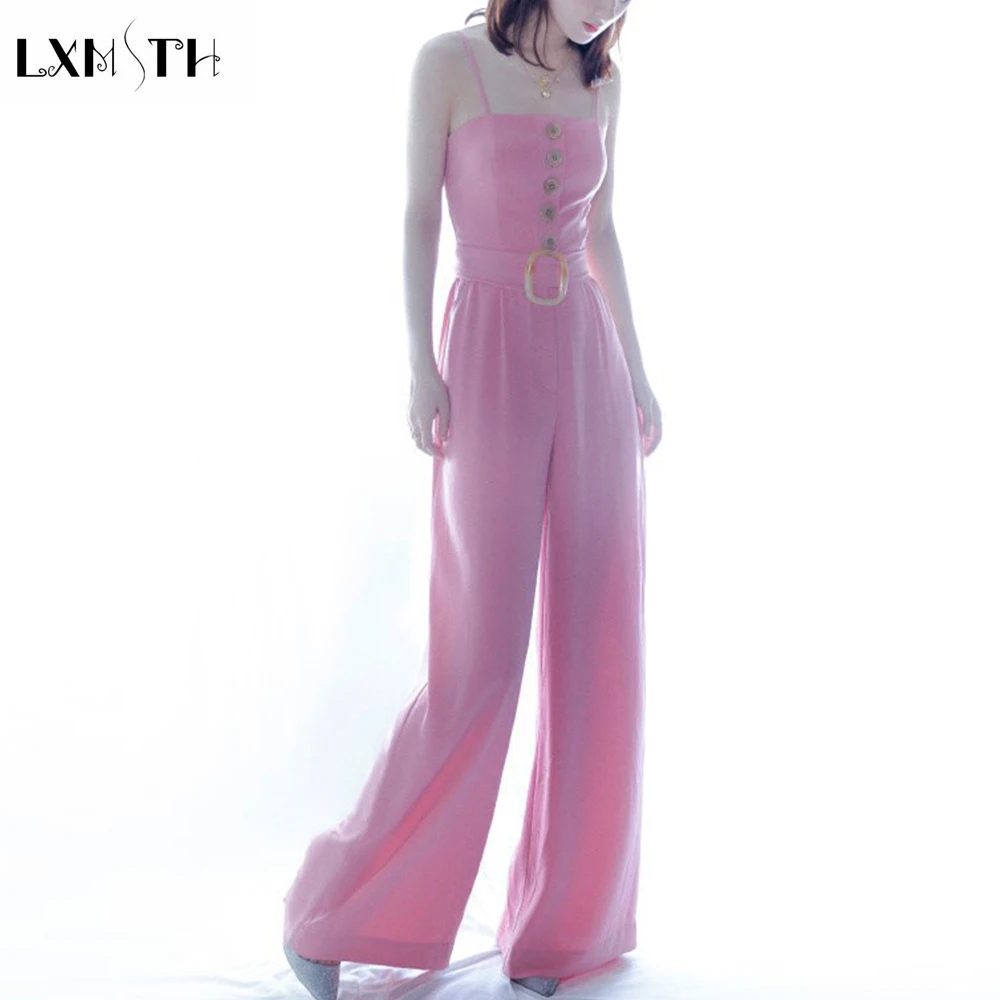 LXMSTH New Fashion Sleeveless Sexy Wide Leg Jumpsuit Korean Style Pink