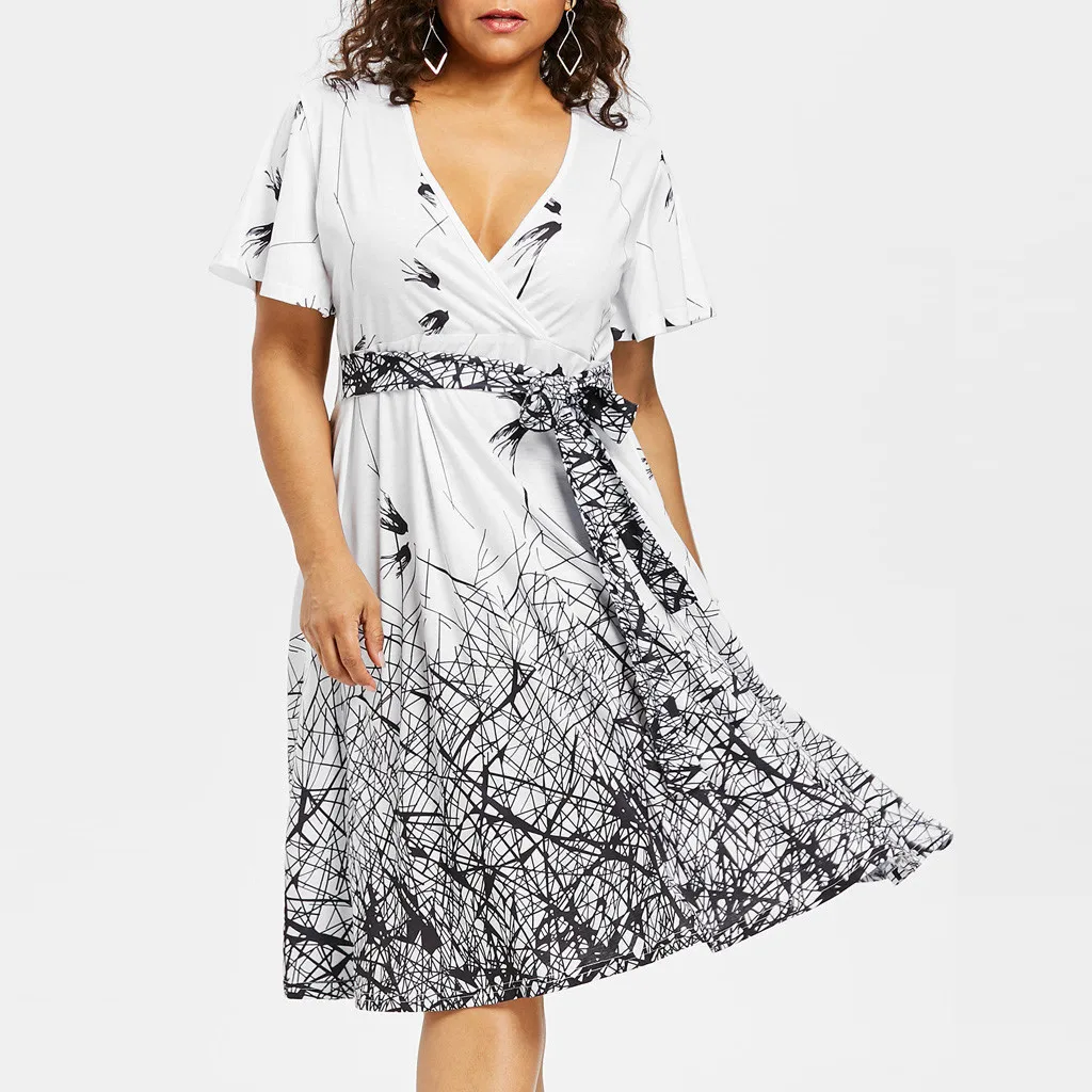 

2019 New Fashion Casual Fashion Large Size V-neck Print Belt short-sleeved Dress women's New Simple Loose Summer Dresses Casual