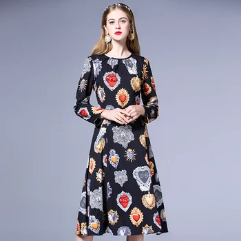 

High Quality Fashion Designer Runway Autumn Dress Women's Long Sleeve O neck Print Vintage Dress