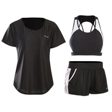VERZY Для женщин быстросохнущая Йога набор для тренажерный зал бег колготки костюм плюс Размеры Фитнес футболка+ бюстгальтер+ шорты профессиональные тренировки уплотненный бюстгалтер