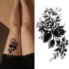 Черный большой цветок боди арт водонепроницаемый временные сексуальные татуировки на бедрах Роза для женщин флэш-тату наклейки 10*20 см KD1050