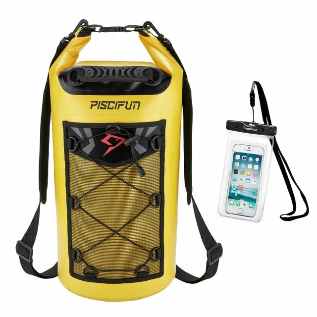 Piscifun 10-40L Waterproof Dry Bag + Phone Case Floating Dry Back Pack for Water Sports Fishing Boating Surfing Rafting Swimming Yellow