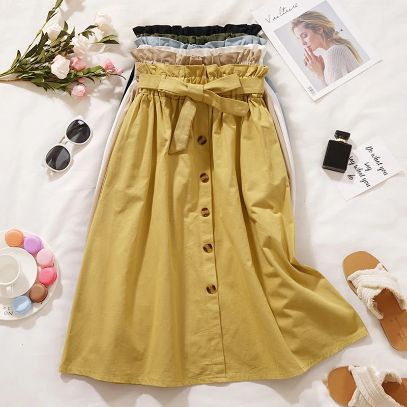 Surmiitro Summer Skirts Womens 2018 New Midi Knee Length Korean Elegant Button High Waist Skirt Female Pleated Sun School Skirt Skirts