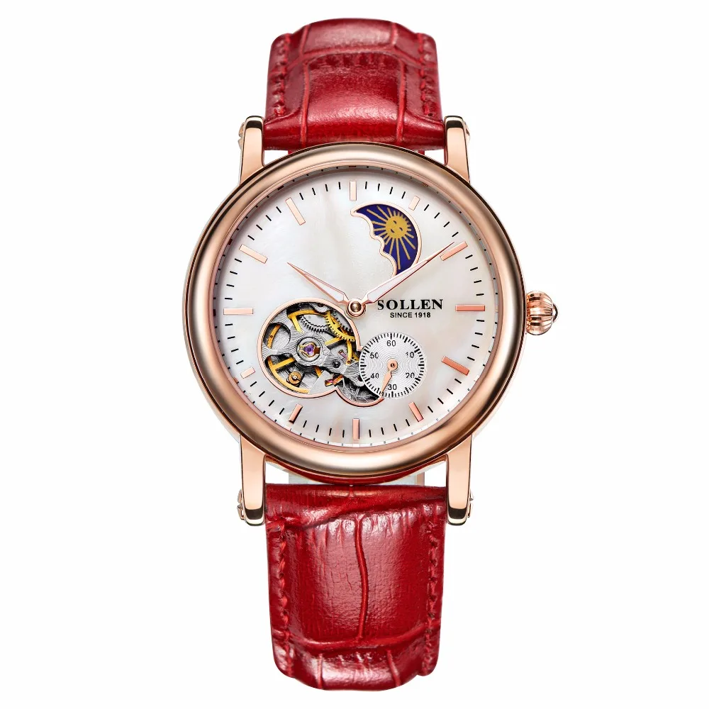 

SOLLEN Luxury Hollow Mechanical Watch Fashion Genuine Leather High end Brand Women Watches Dress Wristwatches relogio feminino
