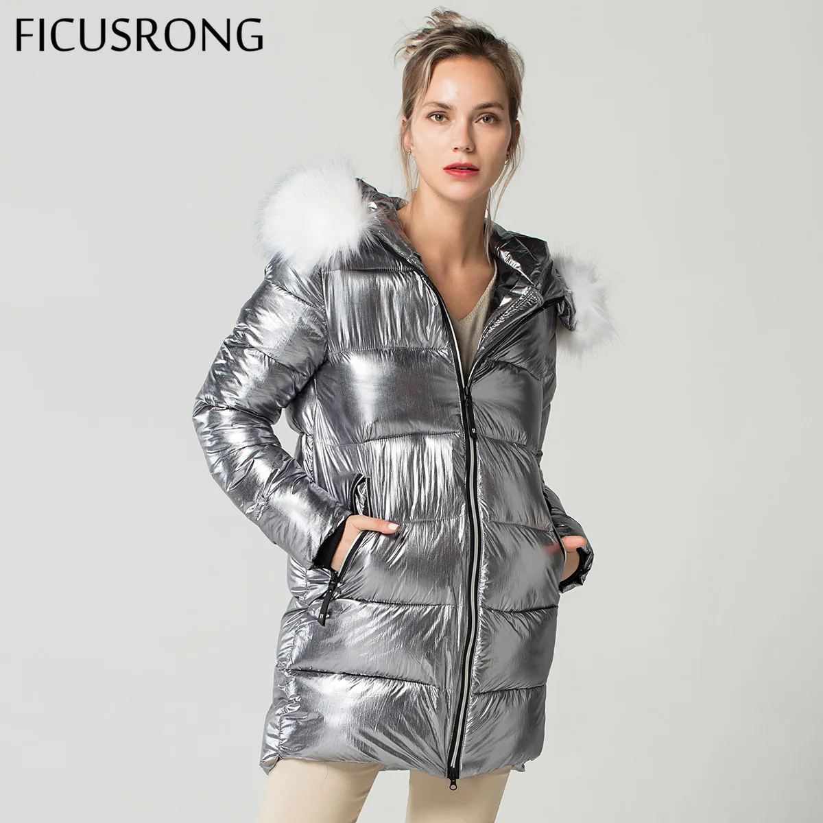 Elegant White Fur Collar Coat Winter Jacket Women Long Down Parkas Female Warm Hooded Jacket Coat Silver Gray 2018 New FICUSRONG