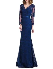 Mode Navy Spitze Formales Kleid 2016 Meerjungfrau Voll Sleeves Lange Kleid Sexy V-ausschnitt Abendkleider Nach Maß Robe De Soiree