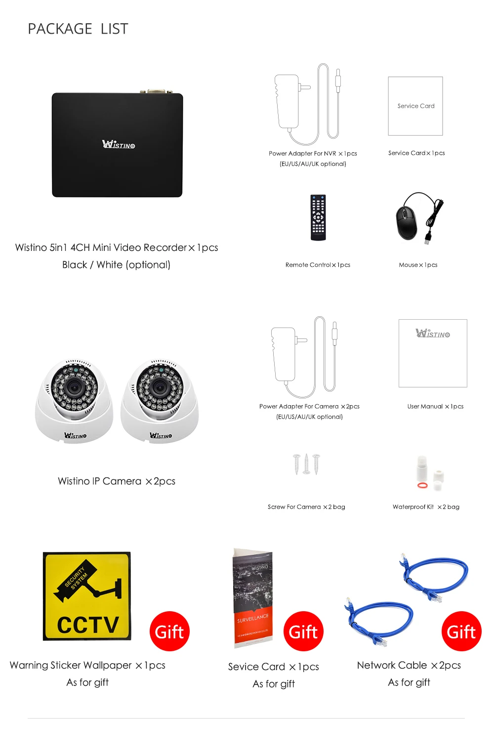 Wistino CCTV System Camera HD 1080P 4CH Mini NVR P2P Security IP Camera Kit Outdoor Video Monitor Kits Surveillance Camera Alarm (3)