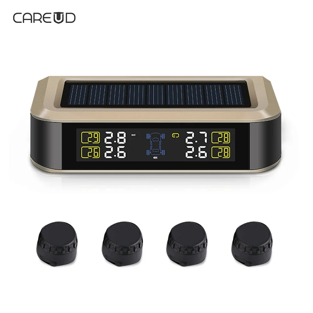 

CAREUD TPMS LCD Display Car Wireless Tire Tyre Pressure Monitoring System Solar Power 4 External/Internal Sensors