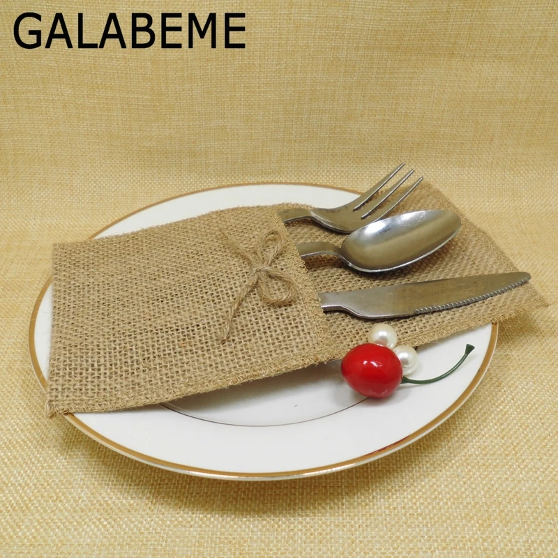 

Galabeme 1pc 21x11CM Silverware Holders Jute Hessian Cutlery Pocket Burlap Utensil Bag BowTie Wedding Knife and Fork Organizer