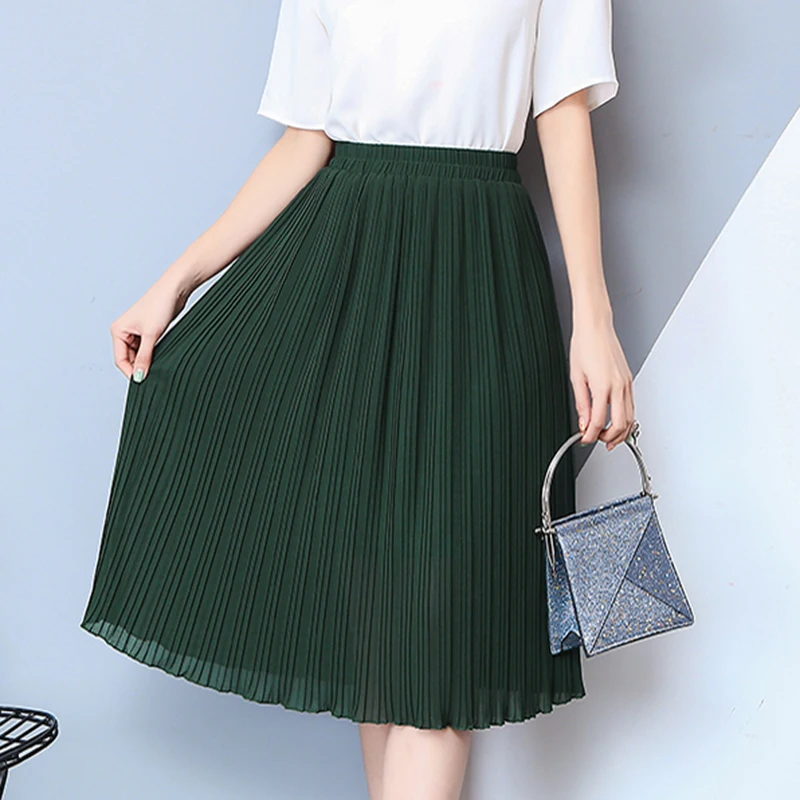 2018 spring summer elegant ladies elastic high waist chiffon middle skirt solid color women pleated skirt female midi bottom