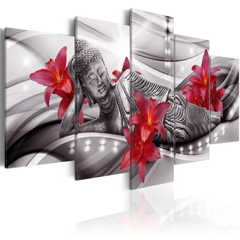 

Reclining Buddha Posters and Prints Flowers Canvas Painting 5 Panel Wall Art Modular Pictures for Living Room Bedrom Home Decor