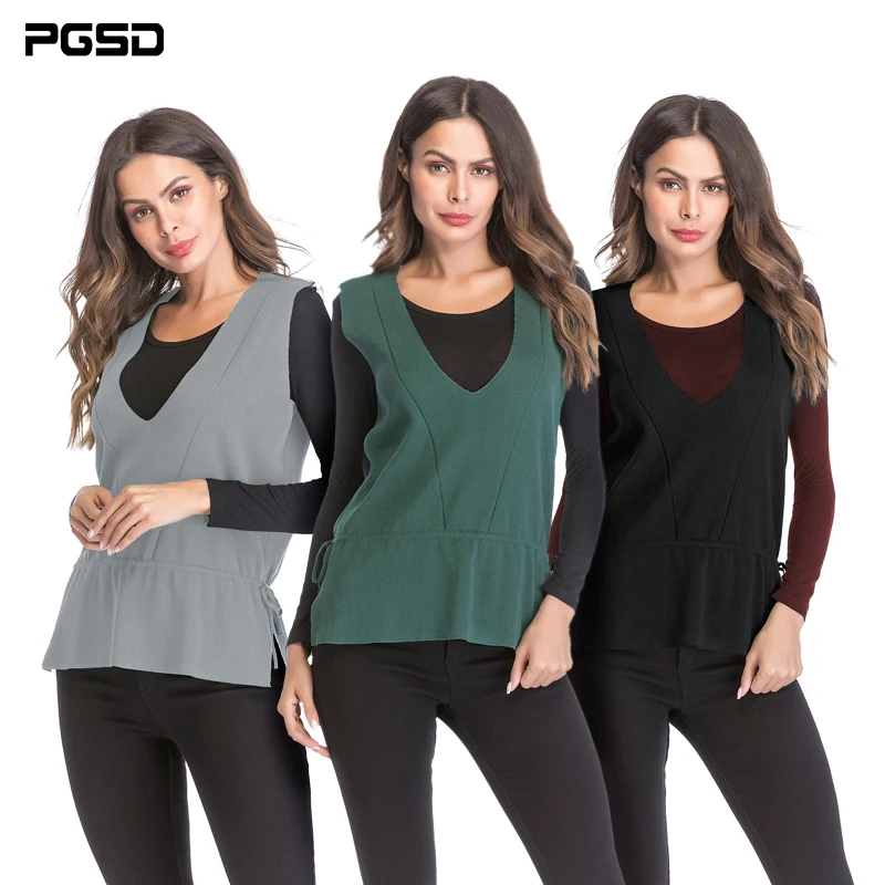 

PGSD Simple Fashion Casual Pure color Women Clothes V-collar loose knitted sweater Lace Up Sleeveless Split sides Vest female
