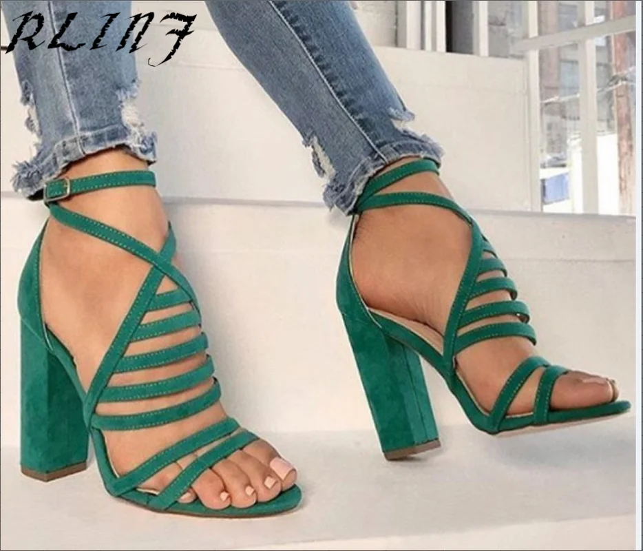 

RLINF 2018 New Fashion Sexy Suede Ankle Cross Buckle with Hollow Open Toe High-heeled Heel Size Code 34-43 Shoes
