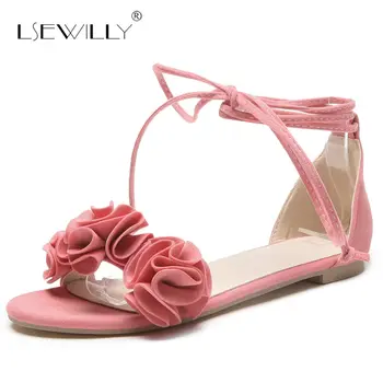 

Lsewilly Woman Sandals Flat Heel Peep Toe Woman Shoes Lace-Up Ankle Buckle Flower Elegant Ruffles 2018 Summer Size 31-52 S239