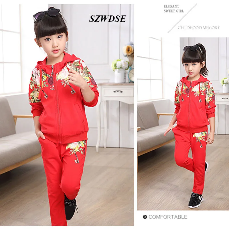 

2017 Children's thicker sets Autumn Winter flower print Hoodies +full-length Pants Cotton Costume Girls' Clothing 5-13 years