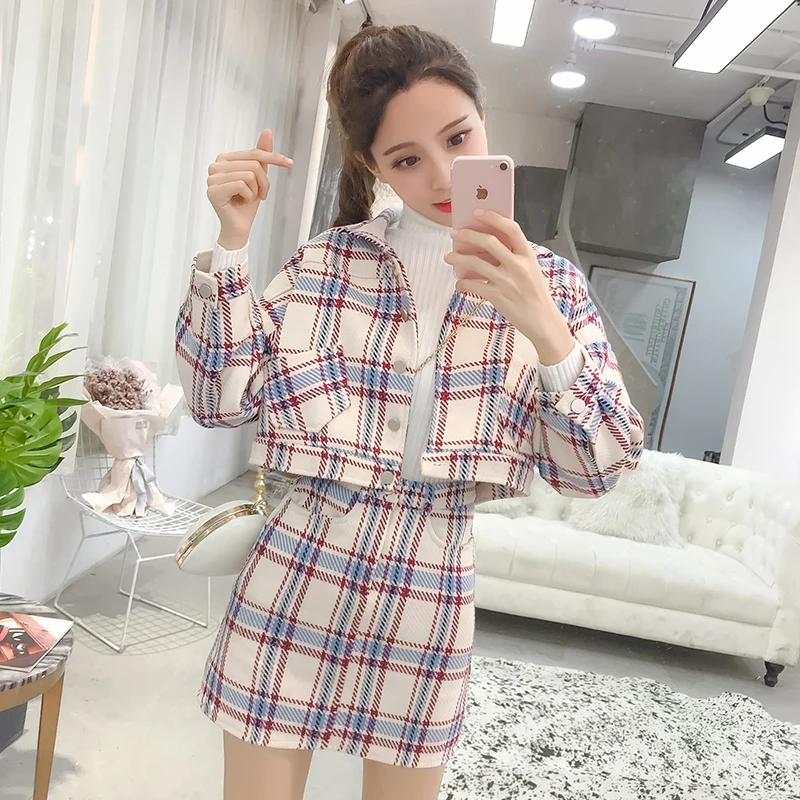 

2019 New Runway Fashion Autumn 2 Piece Set Women Grid Frayed Tweed Blazer Mini Skirt Set Clothes Plaid Ladies tweed jackets