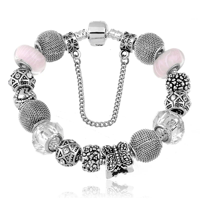 

Vintage Silver Color Butterfly Charm Bracelet & Bangles with Crystal Beads for Pan pulseiras Brand Bracelet Dropshipping