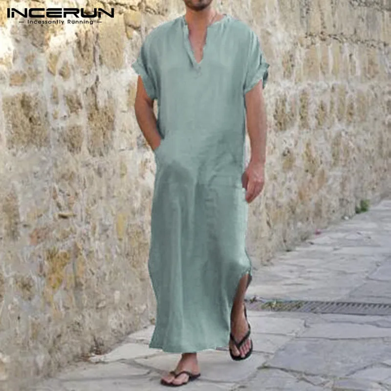 INCERUN 5XL Summer Men's Shirts Robe Dress Short Sleeve 100%Cotton V-Neck Full Length Islamic Arab Kaftan Male Vacation Beach