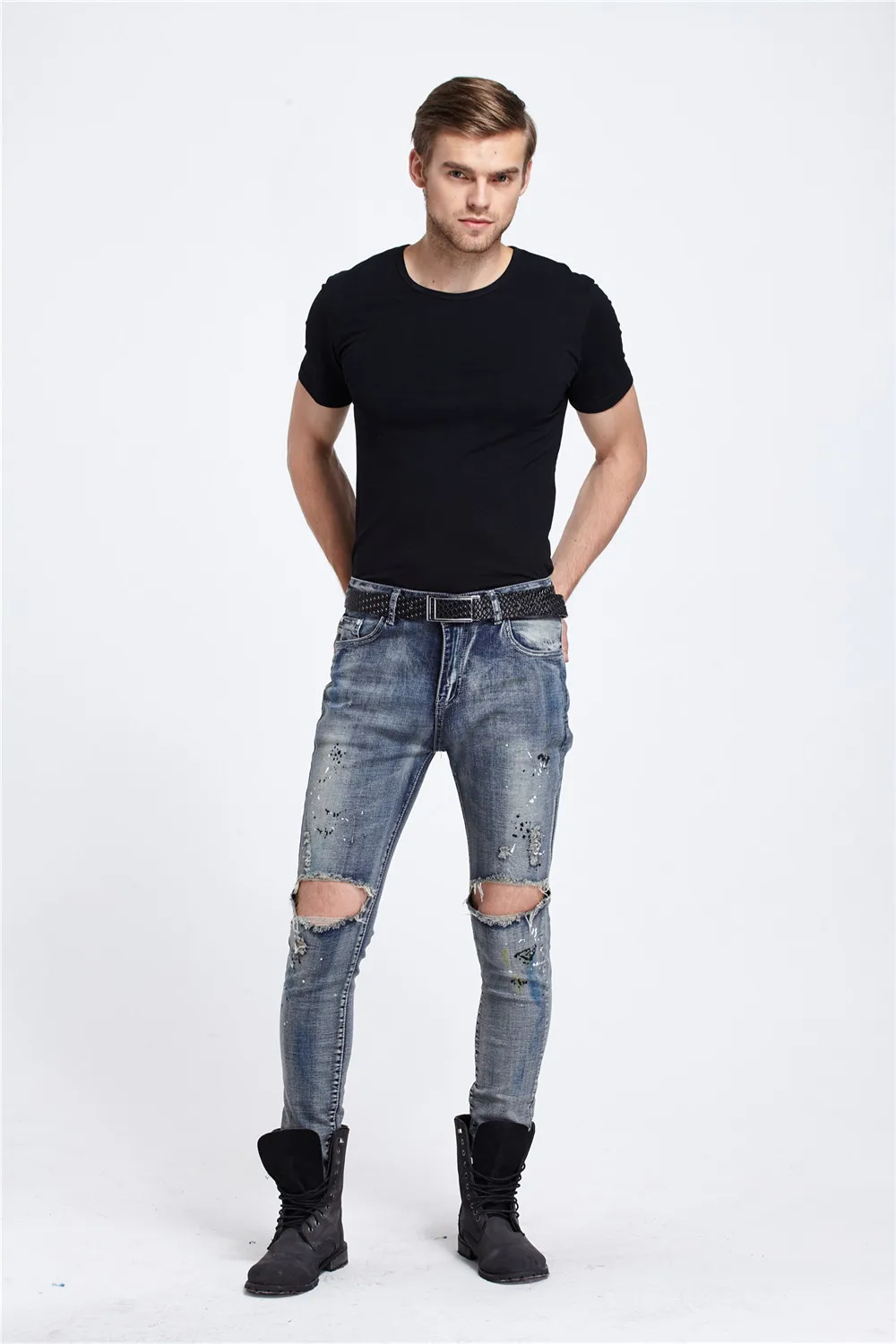 Мужская повседневная Уличная мода тренд складные ночные клубы эластичные рваные тонкие джинсы MP9