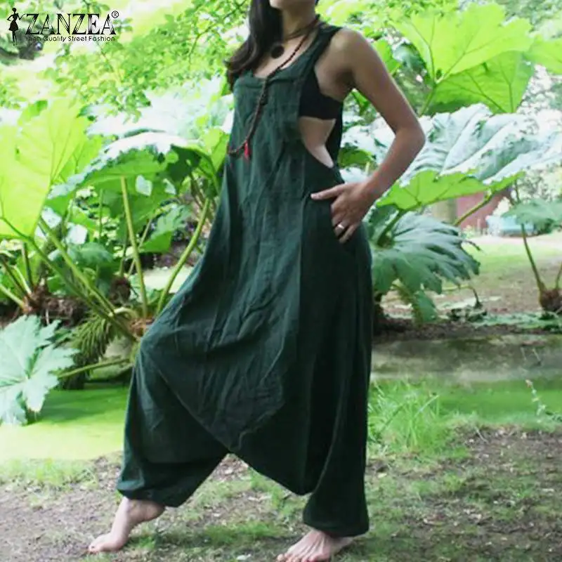 

S 5XL ZANZEA Summer Starppy Jumpsuits 2019 Women Solid Drop Crotch Overalls Casual Cotton Harem Playsuits Female Rompers Pants