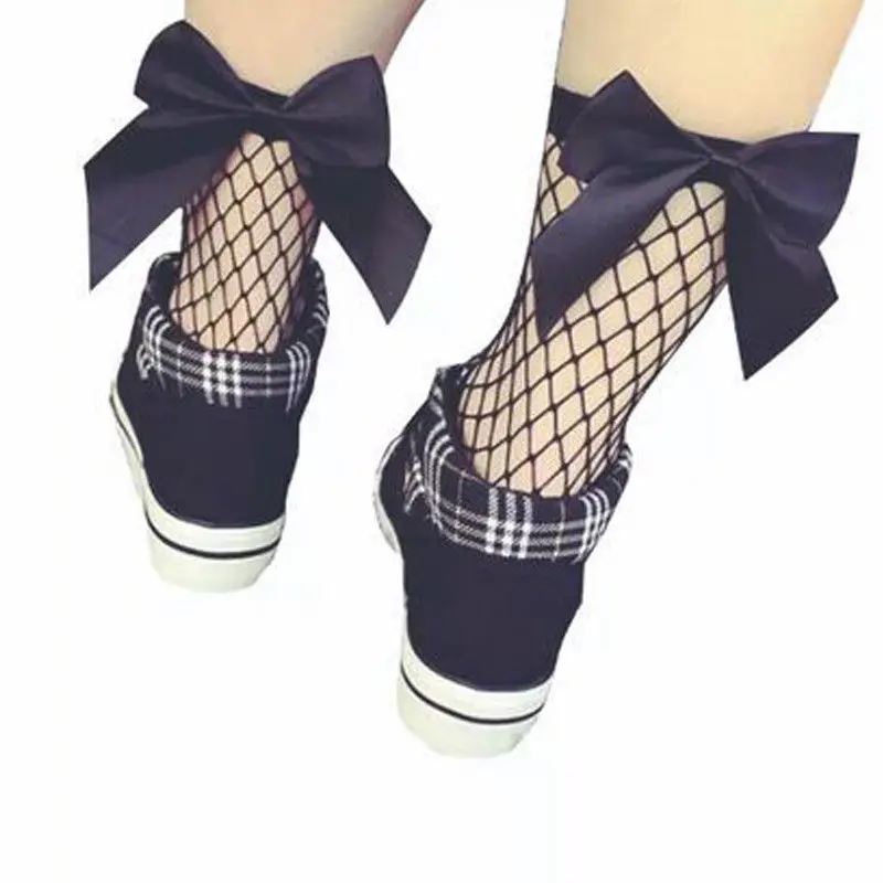 2 пары Для женщин лента с рюшами Лук ажурные носки длиной по щиколотку сетки кружева рыбы короткие носки один размер носки - Цвет: Черный