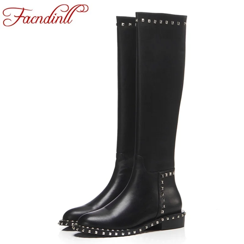 

FACNDINLL brand design rivets winter soft leather high heels platform women knee high boots winter boots women shoes punk boots