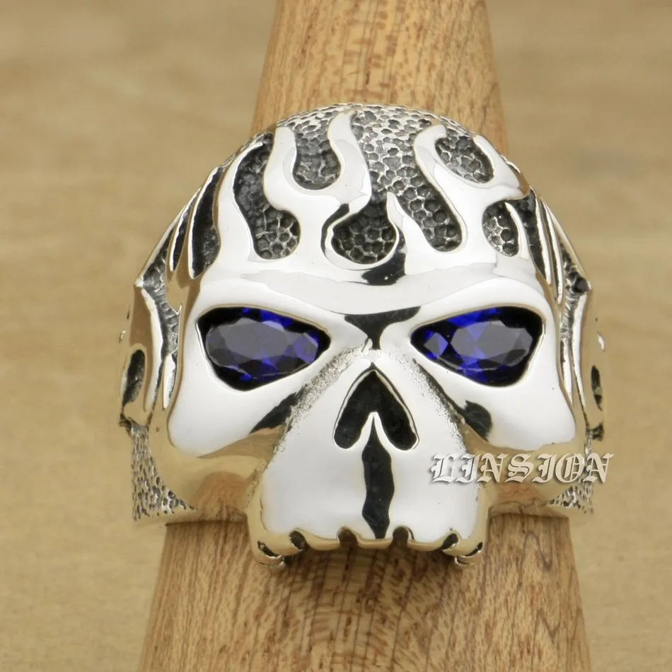 

US Size 8 ~ 15 Huge Heavy Solid 925 Sterling Silver Fire Skull Purple CZ Eyes Mens Biker Rocker Punk Ring 8D306