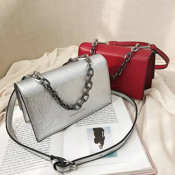 

Ladies 2019 Chain Shoulder Messenger Bags Metallic Silver Crossbody Bag for Women Fashion Solid Color Handbag Flap Square Bag