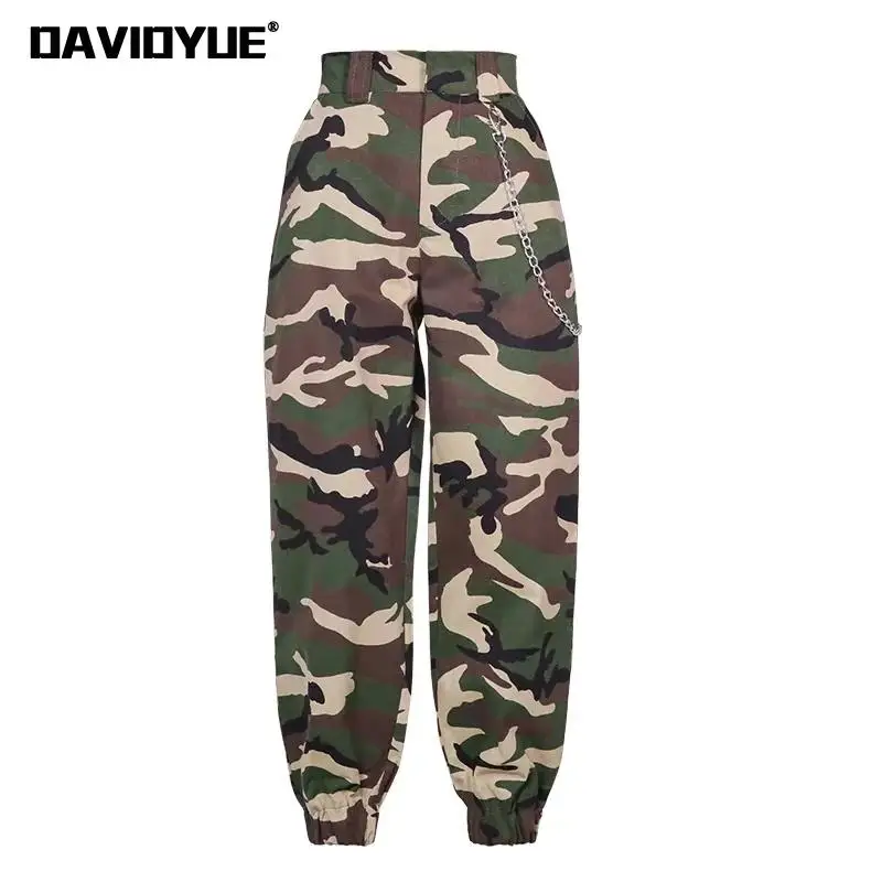 En Ligne 2019 mode chaîne militaire Camouflage pantalon femmes armée noir taille haute ample Camouflage pantalon pantalon rue survêtement pantalons de survêtement