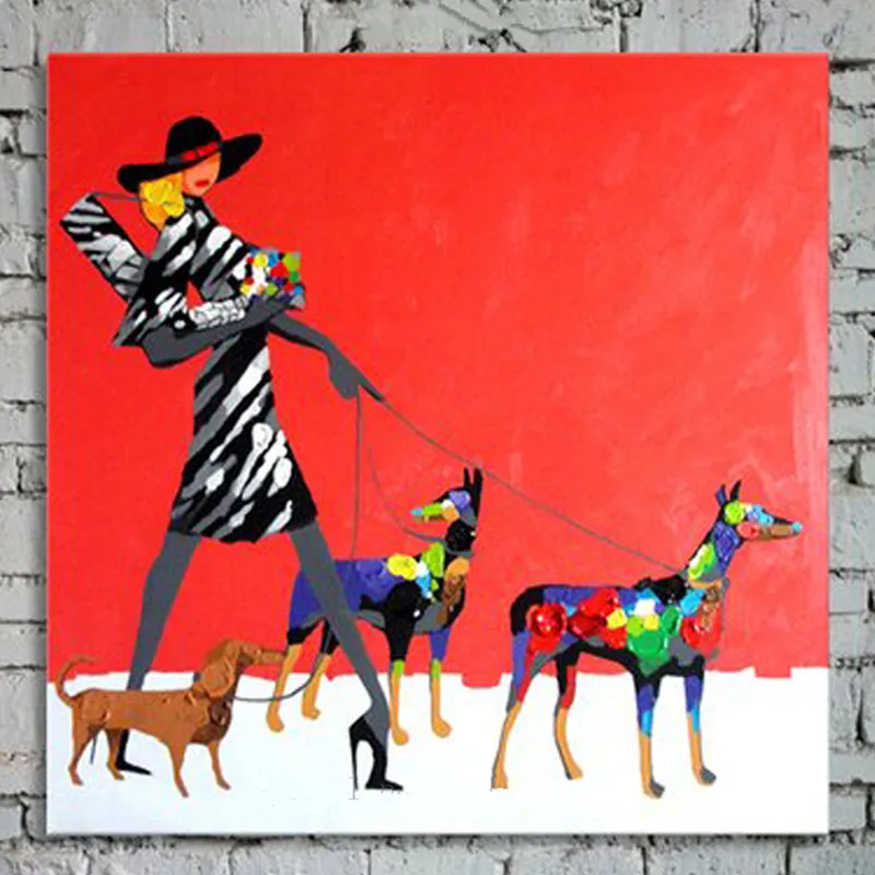 

Handmade Abstract Figure Red Oil Paintings on Canvas Modern Home Decor Handpainted Large Wall Painting Art Women & Dogs Pictures