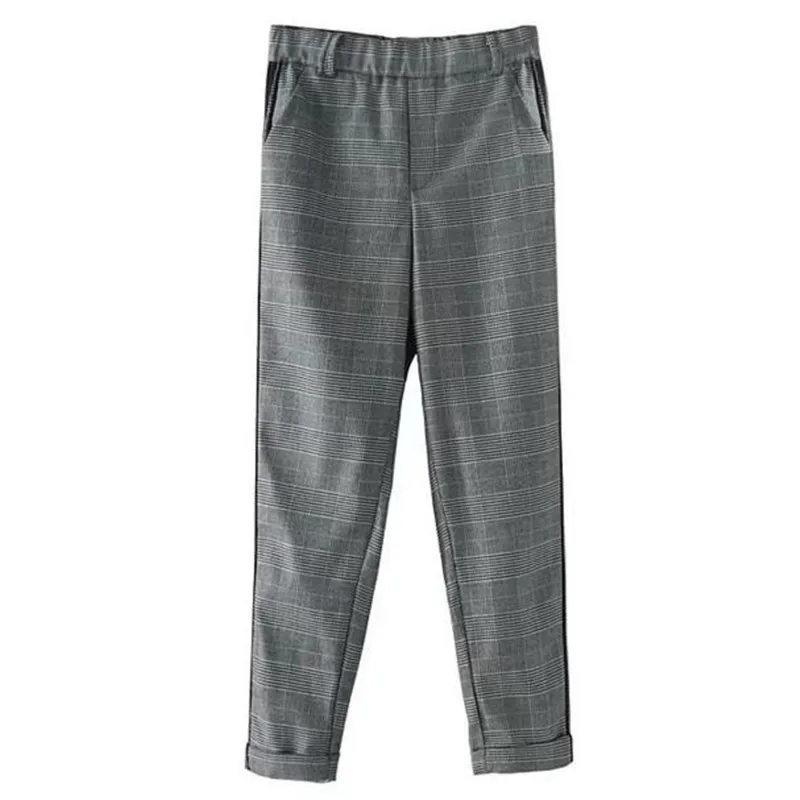2017 Retro Plaid print Spliced Striped Side Straight Pants