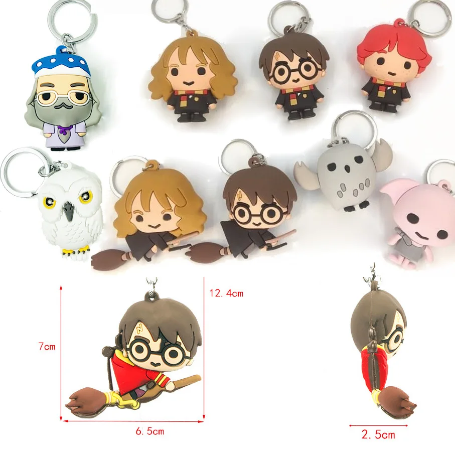 

HP Harri with Brooms PVC 3D Keychain Toys Hedwig Dobby HARRI Hermione Owl Ron Figure Key Ring Pendant Toys For Children keychain