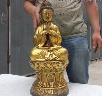 

23" Tibet Buddhism Bronze copper Kwan-Yn GuanYin Bodhisattva Sit on Lotus Statue