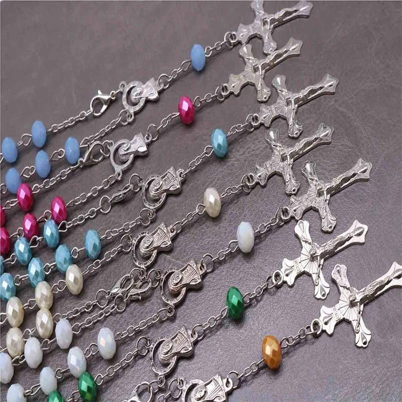 

48 pieces / many colors of crystal beads cross rosary crystal bracelet, Christian Jesus cross bracelet, Catholic baptismal