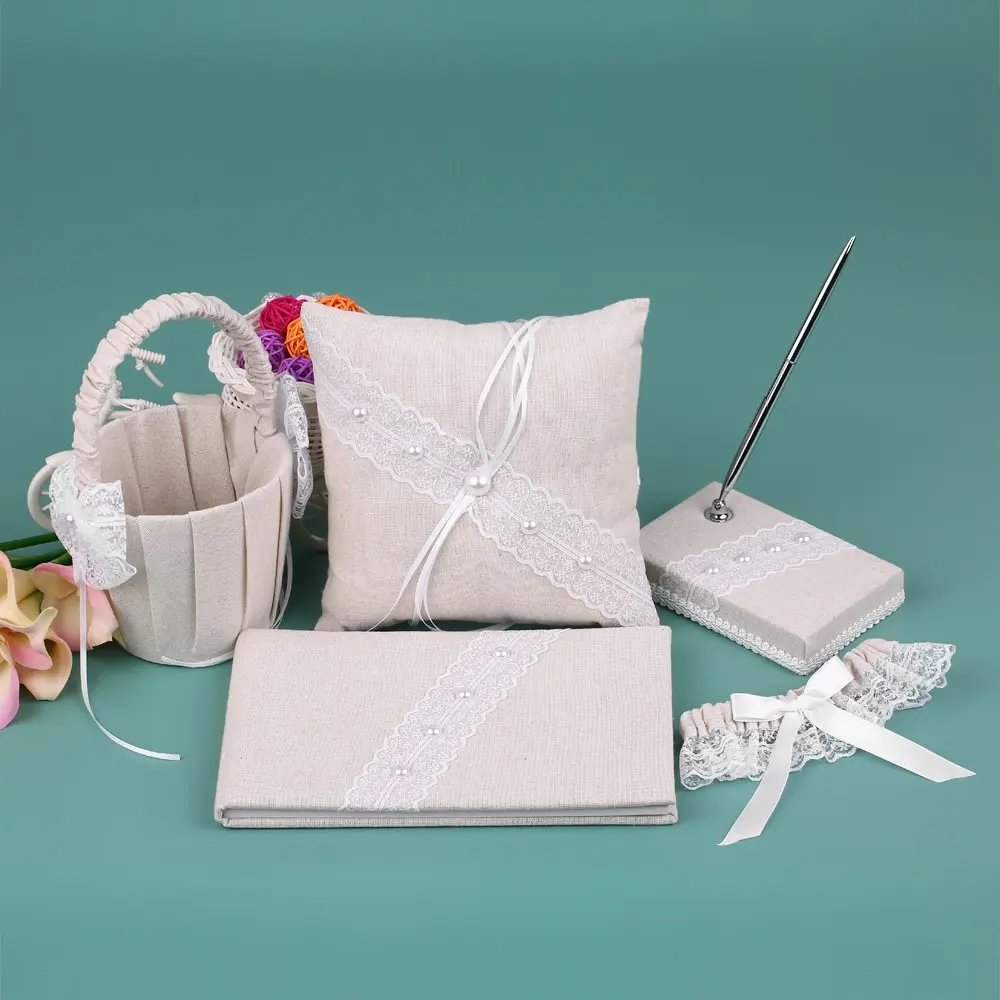 

5pcs Vintage Burlap Lace Wedding Decoration Satin Flower Girl Basket Ring Bearer Pillow Guest Book Pen Holder Bride Garter Set