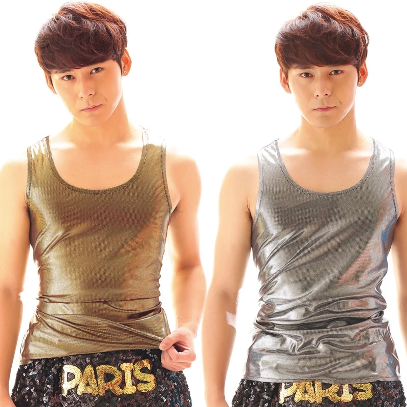 

2016 Summer Men Personalized Silver and Gold Elastic Paillette Slim tight Vest Male Performance wear basic shirt costume