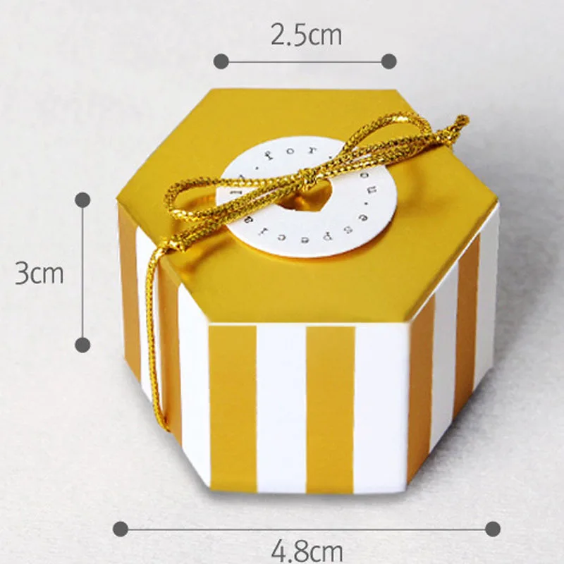10 шт./лот, Мини Золотая круглая полосатая шестиугольная коробка для конфет на свадьбу, день рождения, украшение, подарок, сувениры, PM003